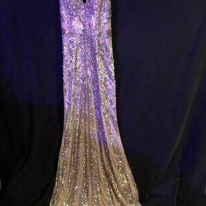 Precious Formals Glittering Silver Evening Dress